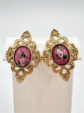 Vintage 1928 Pink Rose Wedding Cake Glass Cabochon Earrings Romantic Coquette